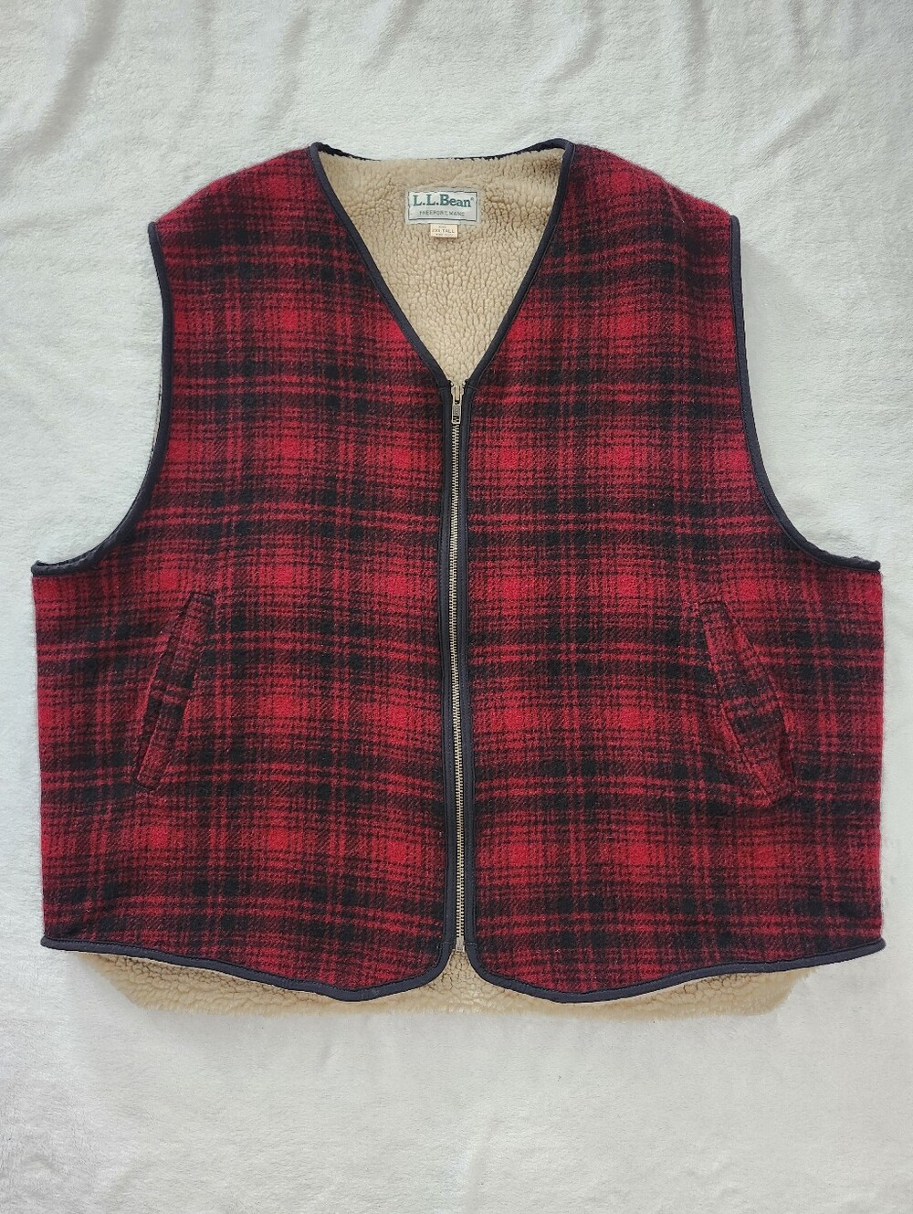 Vintage L.L. BEAN Buffalo Plaid Sherpa Lined Wool Blend Vest Full Zip 2XL Tall